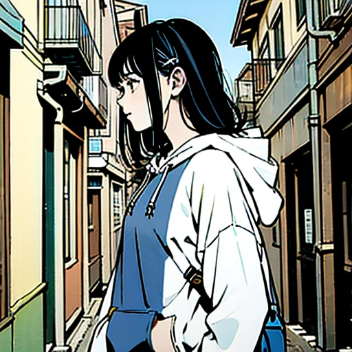 Alley、blue sky、profile、front、Black Hair、hoodie、Hooded、Shorts