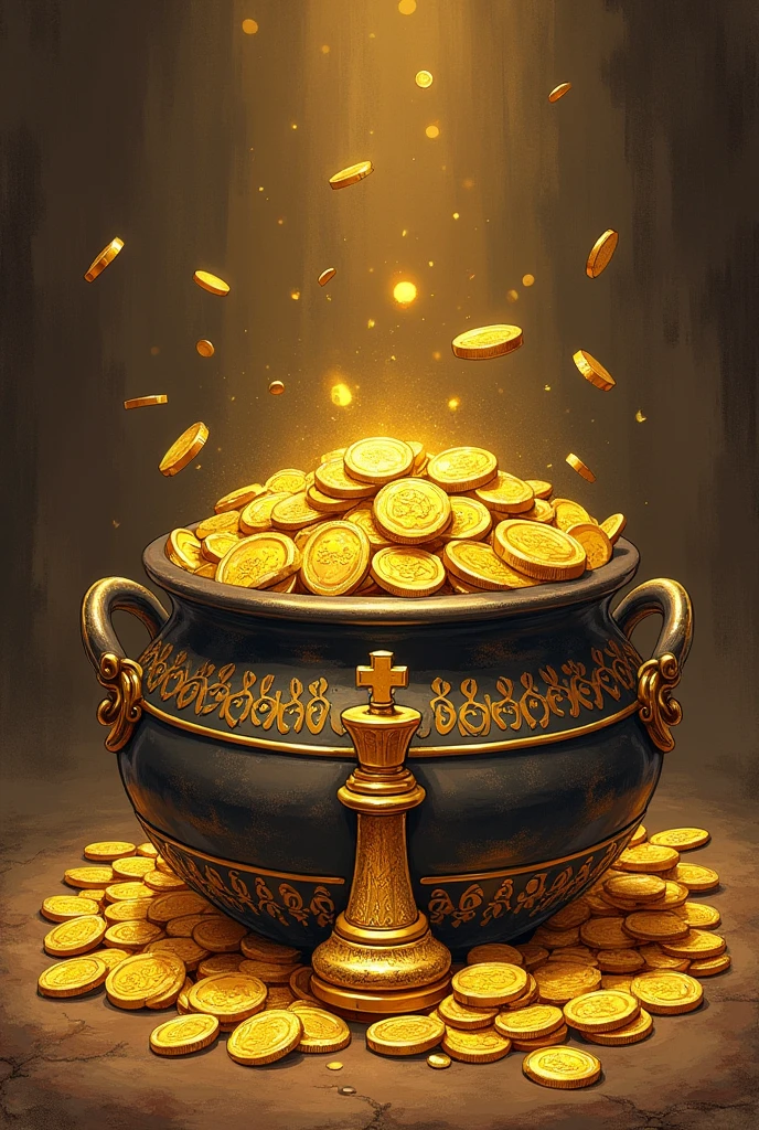 drawn drawing, gold coins in a pot, money,
The chess piece queen is nearby.