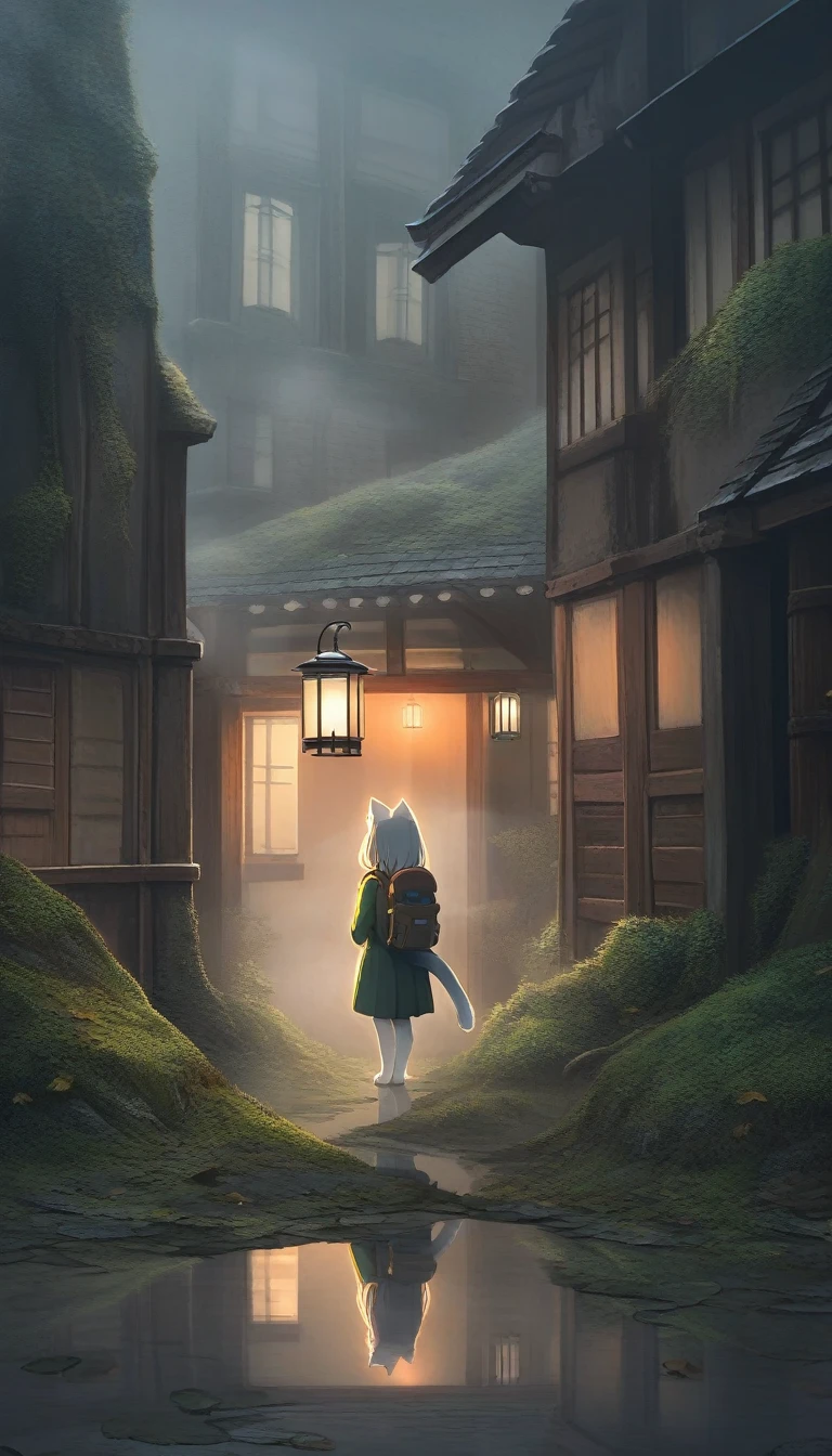 ((Masterpiece)), ((Best Quality)), (Very Detailed), ((Very Detailed)), 4K, (8K), very aesthetic, absurdres highres, 1 woman, (anthropomorphic cat, furry, kemono:1.5), A young female explorer stands at the entrance of an old building in a foggy forest at night. She has a backpack on her back and a map in her hand. A dim light is reflected in the fog, and you can see the moss-covered stones of buildings and fallen leaves. Her expression is a mix of nervousness and interest, trying to find something in the silence. Ivy clings to the walls of the building, and old lanterns hang from them. At her feet is damp ground and moss. Using painting techniques, he emphasizes the texture of the fog and the reflection of light.