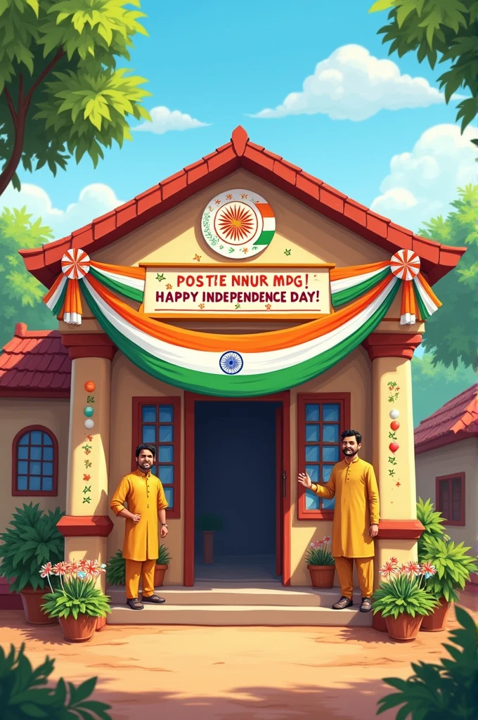 Scene Description:
Post Office Building:
A charming, small post office building with a traditional Indian architectural style.
The name board reads "PAYYANNUR MDG" in bold, colorful letters.
Decorations:
The post office is festooned with tricolor flags (saffron, white, and green) draped along the roof and windows.
Brightly colored balloons in the tricolor theme are attached to the walls and tied to the mailboxes.
A large, colorful bunting with the Ashoka Chakra design hangs prominently above the entrance.
Independence Day Message:
A banner stretched across the front of the building reads: "Happy Independence Day!"
The text is bold and festive, with stars and fireworks illustrations around it to convey a celebratory mood.
Additional Details:
A few postal workers in traditional attire (perhaps wearing kurtas and dhotis) are smiling and waving.
Some small Indian flags are planted in the flower beds in front of the post office.
This illustration should capture the spirit of Independence Day and the local flavor of the post office in Payyannur.