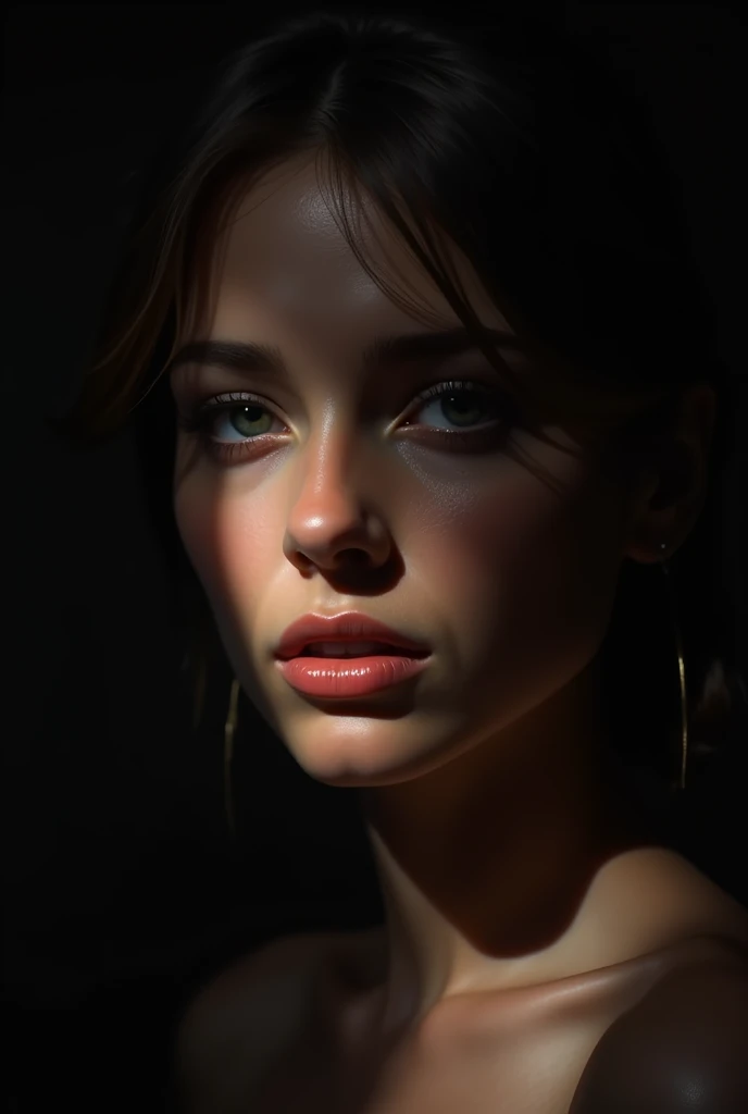 An image focuses on light and shadow on a gorgeous woman's face