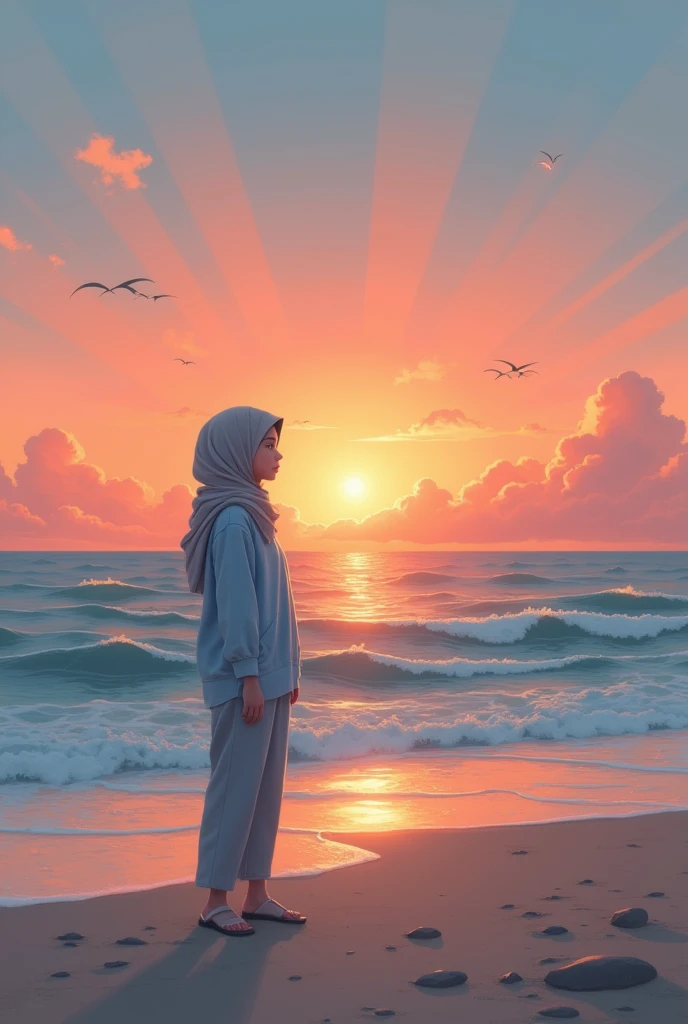 wearing a light gray hijab wearing a light blue shirt and light gray pants standing watching the sunset on the beach
