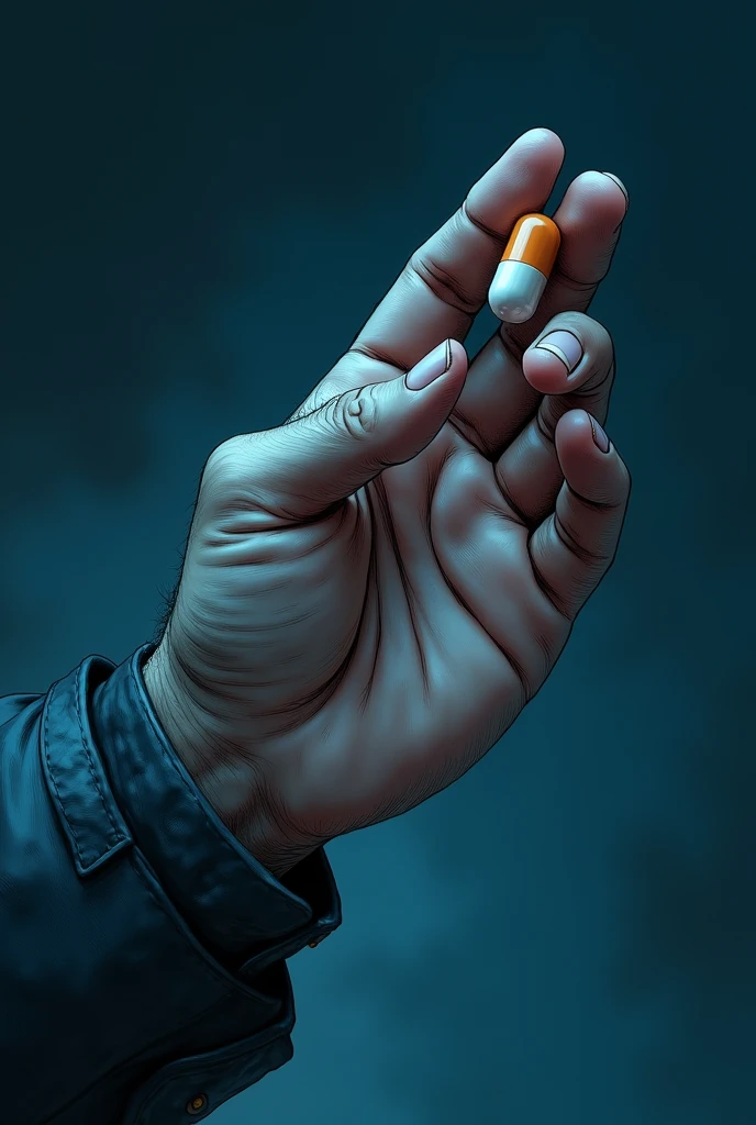 A male hand from top to bottom about to take a pill, slightly caricatured drawing, everything in dark blue tones