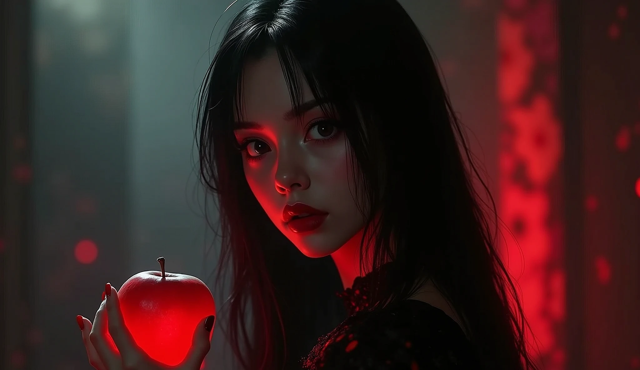 ((RAW Photo), absurd, (absurdresolution)), masterpiece, best quality, (Extremely detailed 8k unity CG wallpaper), (best illustration), (best shadow), Realistic lighting, beautiful detailed glow, ((21 years old)), girl, long black hair, black queen, accessories, apple in hand, poisoned apples, witch queen, red lipstick, (((Photographic Perspective of her)))