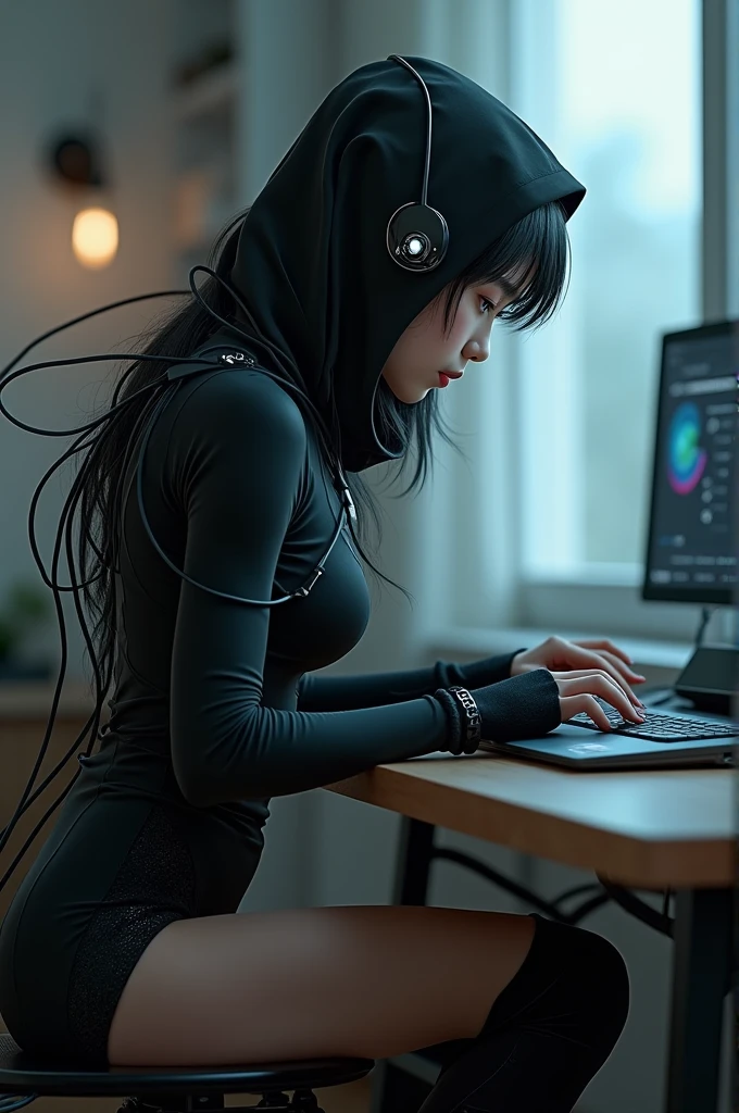A Asian girl wearing black bodysuit and thigh black sock at home,and she study,she wear a black hood had Wire she brain to a computer to learn better