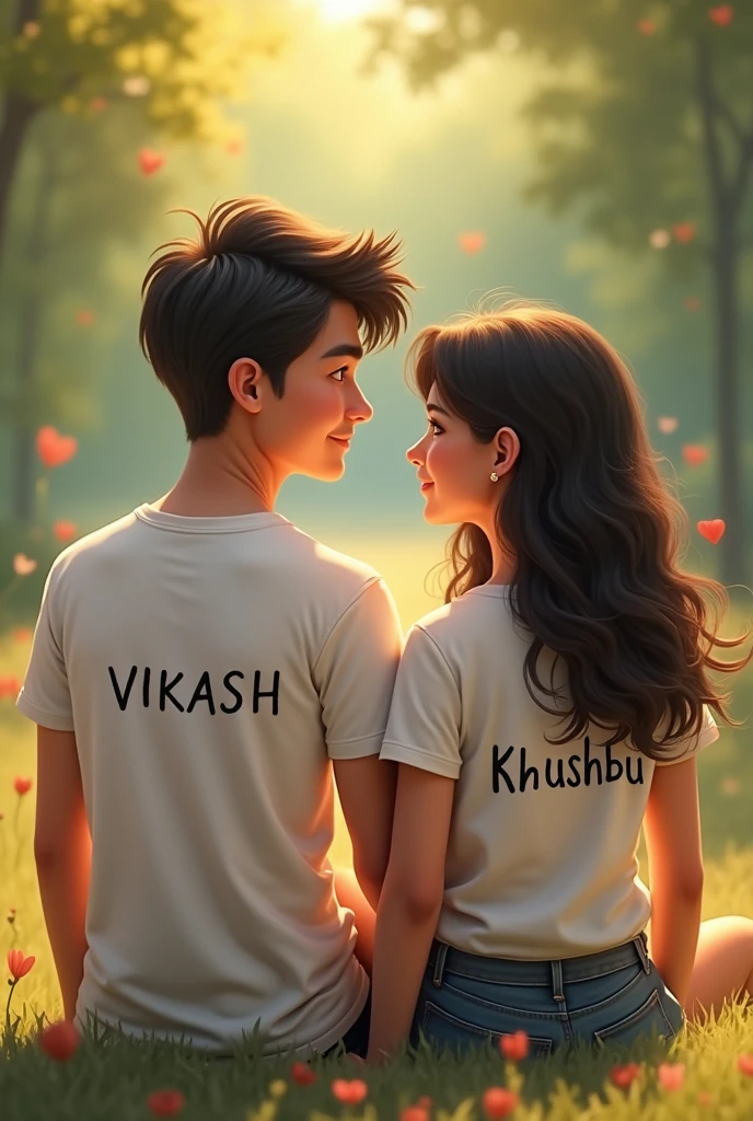 Ek image banao jisme ek ladka ladki baitha ho aur done white t-shirt pahna ho aur larka ke t-shirt par Vikash likha ho aur ladki ke t-shirt par Khushbu likha ho