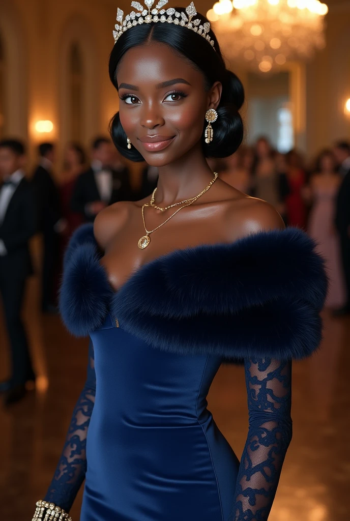 looking at viewer, Black beautiful female, Age: 20 age-old, Black hair , chignon , fringe, beautiful blue eye, little smile, (middle cup breasts, slender whist, middle hip ,beautiful pussy, beautiful anal, public hair),(Royal Navy color Princess dress, evening long dress:1.3), Velvet Fabric、Mink fur covering the shoulders、Crew neck dress、Dress with shoulder decoration, (elbow silk lace glove),stockings, HI heals, gold ring earring, gold neckless, bracelet, tiara , standing on floor, evening dinner Party , night, UHD, accurate, anatomically correct, textured skin, super detail, high details, high quality, best quality,