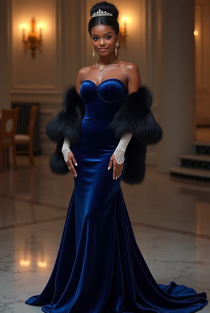 looking at viewer, Black beautiful female, Age: 20 age-old, Black hair , chignon , fringe, beautiful blue eye, little smile, (middle cup breasts, slender whist, middle hip ,beautiful pussy, beautiful anal, public hair),(Royal Navy color Princess dress, evening long dress:1.3), Velvet Fabric、Mink fur covering the shoulders、Crew neck dress、Dress with shoulder decoration, (elbow silk lace glove),stockings, HI heals, gold ring earring, gold neckless, bracelet, tiara , standing on floor, evening dinner Party , night, UHD, accurate, anatomically correct, textured skin, super detail, high details, high quality, best quality,