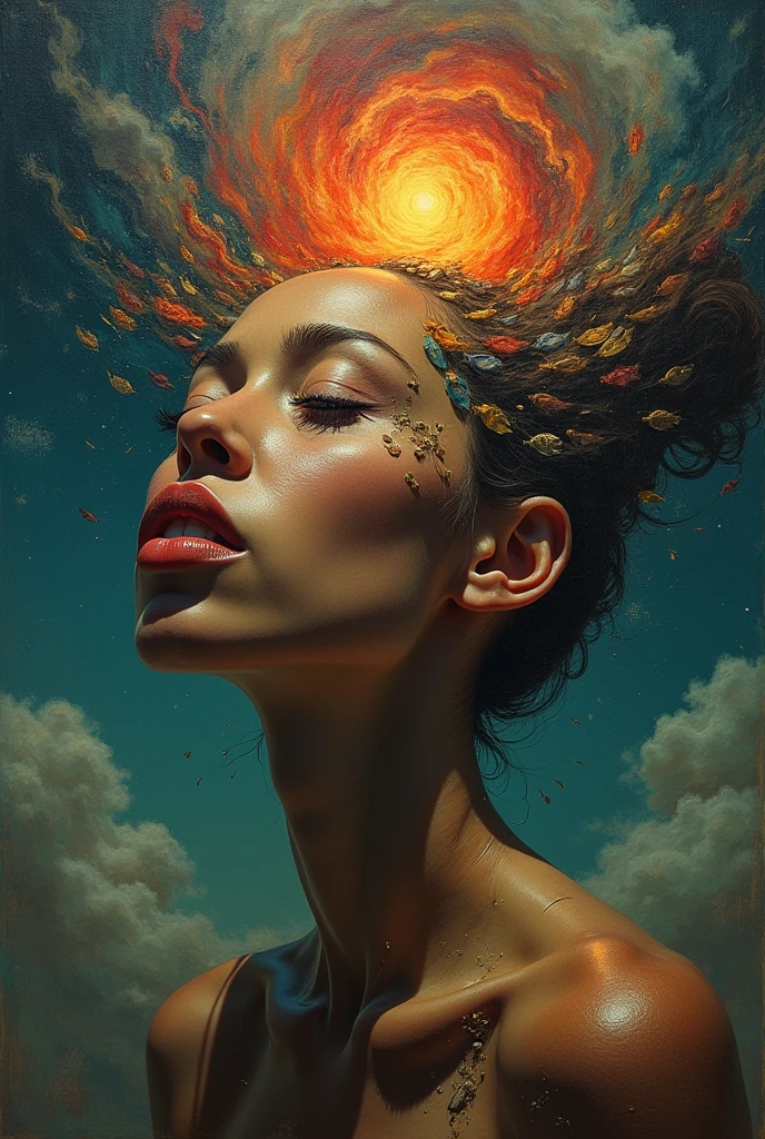 I am the last surrealist painting that exists on this planet, the last work of art that represents a beautiful woman of different races full of hope wrapped in an unreal world full of strange things., The message I want to leave is that art once existed , real very real , 24k unique piece rule of thirds cinema lighting finishes like photoshop and colors of a work of art great depth of field difference of 3d planes