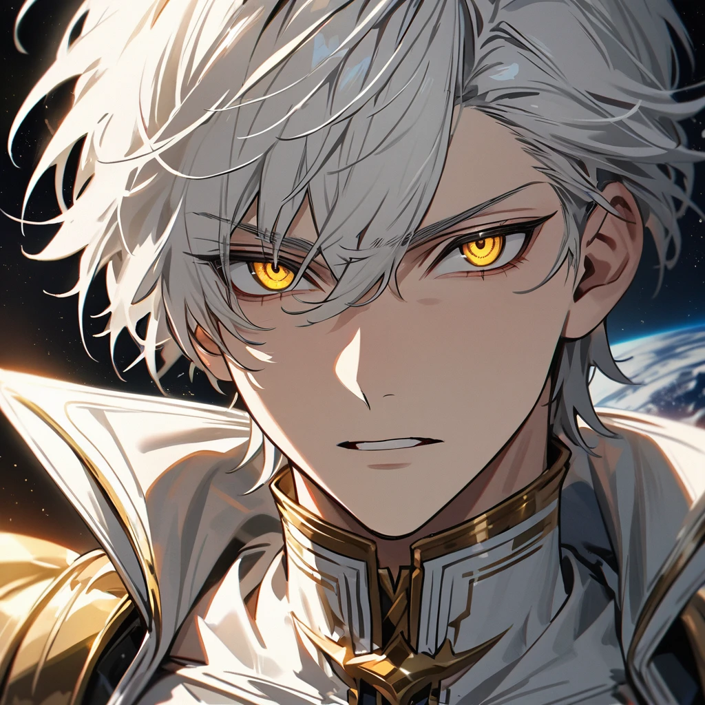 High quality, HD, 4k, no shadows, handsome male, handsome, 1male, 18 years old, 18yo, short white hair, white hair, white hair, white hair, sharp eyes, deep golden colored eyes, dark gold colored eyes, deep gold eyes, gold eyes, devil may cry, close up, calm expression, stoic expression, black leather clothes, white leather clothing, lean body, well trained body, upper body, looking at viewer, cowboy shot, white solar, space background