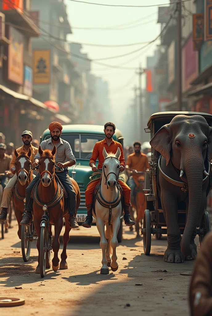 Cycle,car,bus,risxa,bailgari, elephant horse in 1947, realistic, ultrarealistic, 4k picture, textured skin