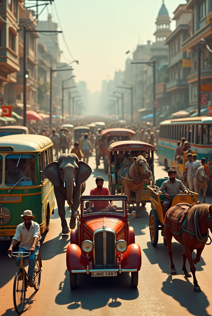 Cycle,car,bus,risxa,bailgari, elephant horse in 1947, realistic, ultrarealistic, 4k picture, textured skin