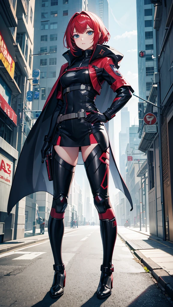 Girl,,super soldier whit cape,outfit villain,style Cyberpunk army soldier