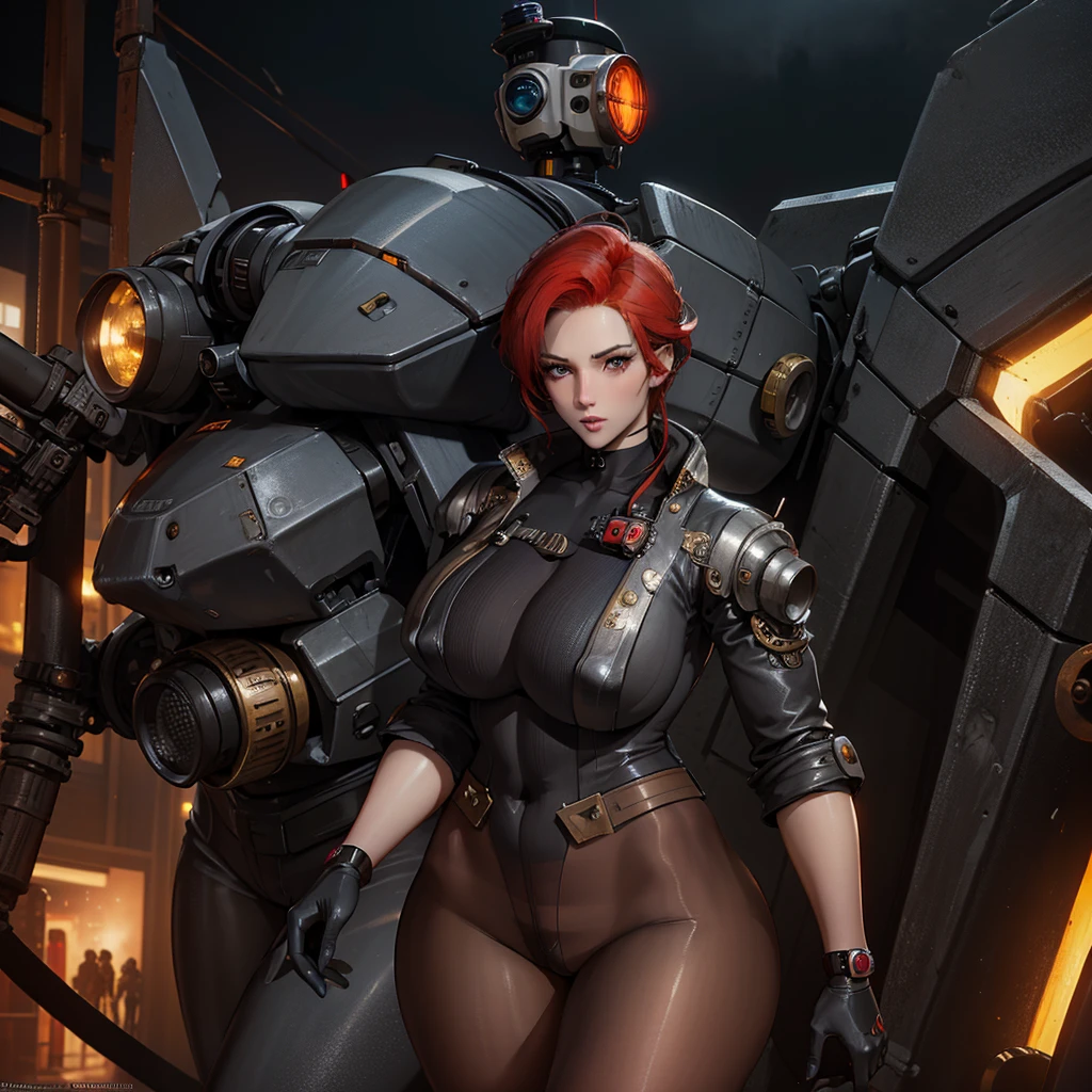 A woman standing in front of a group of robots, Steampunk male portrait, synthesis, Beautiful woman, Stormy war scene, Inspired by Richard Avedon, A black dieselpunk female cop, Red-haired woman, Girl in a suit, Sophisticated and stylish clothing, beautiful female soldier  