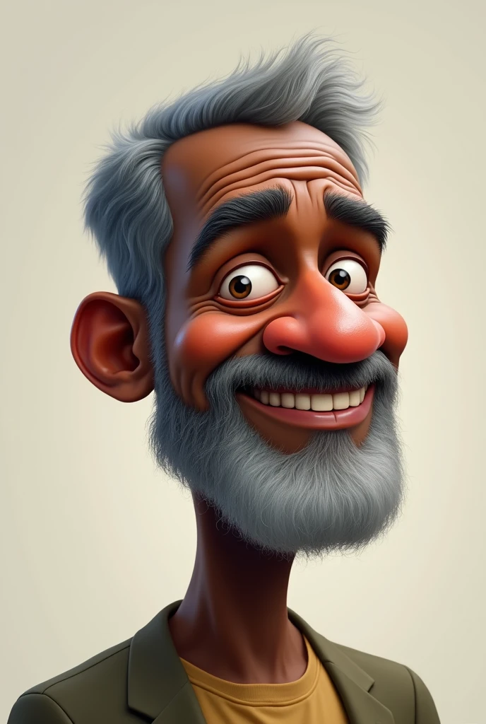 Create a caricature of a 46-year-old black man with a short, gray beard, with graying hair but little hair 
