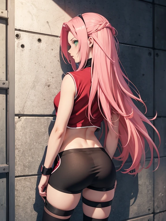 chedevr, Best quality at best, 1 girl, Sakura Haruno, big ,red clothes,Grew, to be sexy,Very angry,with pink hair, long pink hair, (green eyes:1.4), Forehead Protection,ideal figure,Behind,Портрет в полный рост Behind,in the cell,standing on his feet, сильно bent over вперед, face pressed against the wall ,legs straight, leans his hands on the wall, the back is arched back, tight black glossy bicycle shorts, lower body close up , butt raised up, bent over