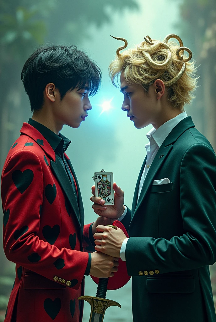 Movie poster called Stone Heart of two young men facing each other: one with black and red hair ,black and red suit with a design of black and red hearts ,with a sword in his right hand and a deck of cards in the other hand,The other guy in a dark green suit,light blonde hair made of snakes only his hair ,in his right hand a red cap and in the other some glasses ,He's about to fire a soft blue laser from his eyes
