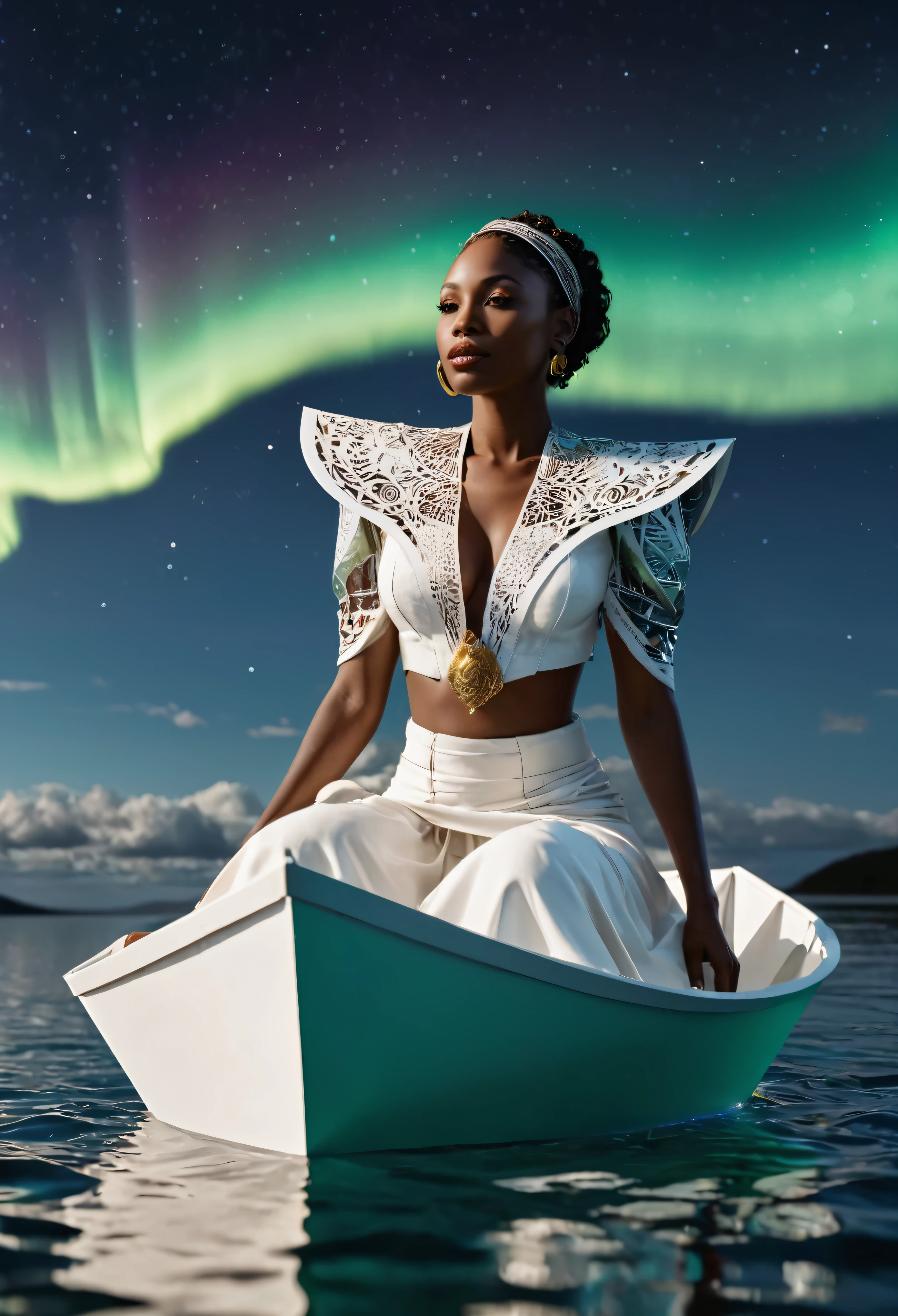 A black woman sitting in a paper boat sailing on a clear ocean, clear ocean reflecting a beautiful aurora borealis shining in the sky, she's dressed in white African designed clothes, , very high detailed and clear image, providing a cinematic look like shot from a 70mm lens panavision camera, 32k high definition and high resolution images, unreal engine 5 rendered. Hyper-realistic images with high detailed features.