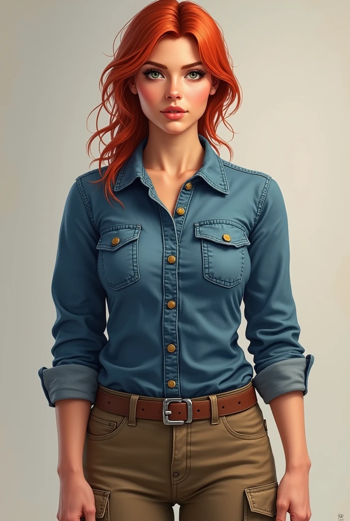 woman of average height, with a strong and confident presence. Wear casual work clothes, like a denim shirt and sturdy pants. Its appearance is solid and reliable.. with red hair