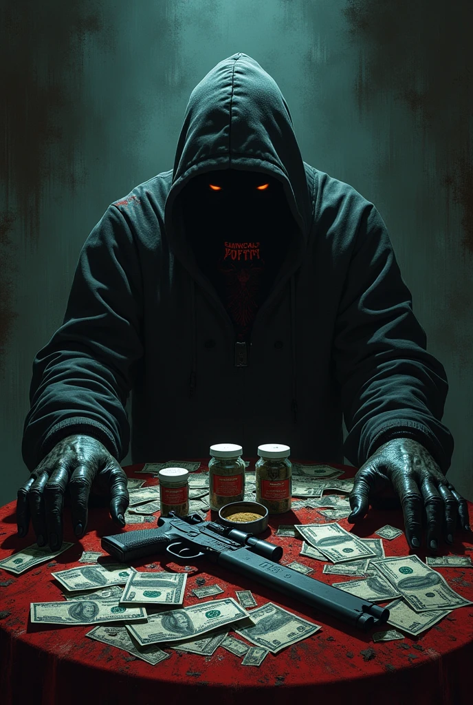 Image of drugs, weapons, money
What it says ENDECALO and OZZIE PR X BIG NILO X ERU 14 without people and that it looks demonic