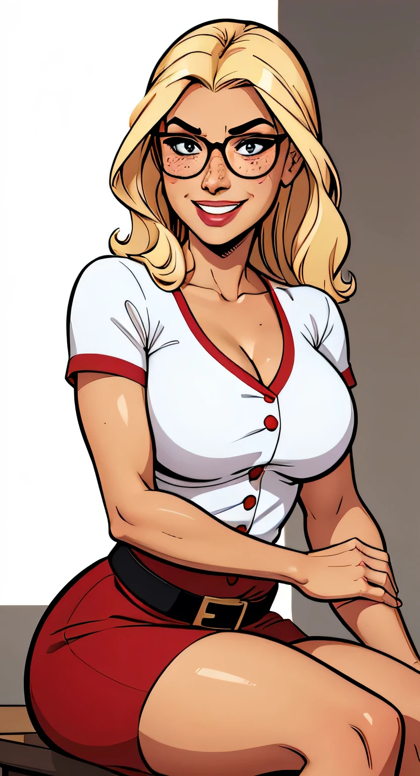 Thin woman, 4K (High definition), beautiful smiling, teacher in a red dress (of buttons) with a V-neck and short sleeves, black belt, pele caucasiana, round glasses, shoulder length blonde hair, sitting, eyes browns, busty with freckles, confrontation. comic style, white background.