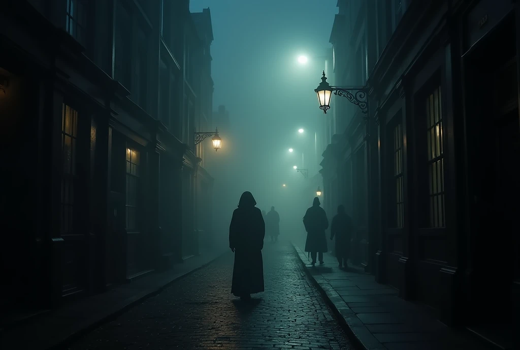 dramatic moody foggy london night, victorian era, old town, dark alleys, cobblestone streets, gaslights, cloaked figures, atmospheric lighting, haunting mood, cinematic angle, (best quality,4k,8k,highres,masterpiece:1.2),ultra-detailed,(realistic,photorealistic,photo-realistic:1.37),cinematic lighting,dramatic shadows,mist,fog,atmospheric,chiaroscuro,muted colors,dark tones,somber palette,moody hues,dramatic composition