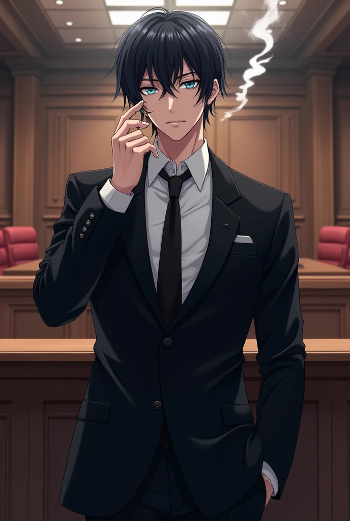 Anime style image of a man around 23 years old, black hair similar to the character Sung Jin woo from Solo Leveling, blue colored eyes, wearing a black lawyer suit and a more serious face and expression, smoking a cigarette and the scene behind him is a courtroom