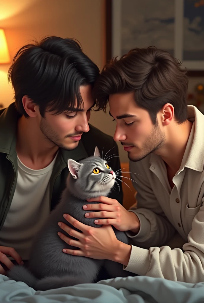 Two young men with some beard in love with a gray cat
