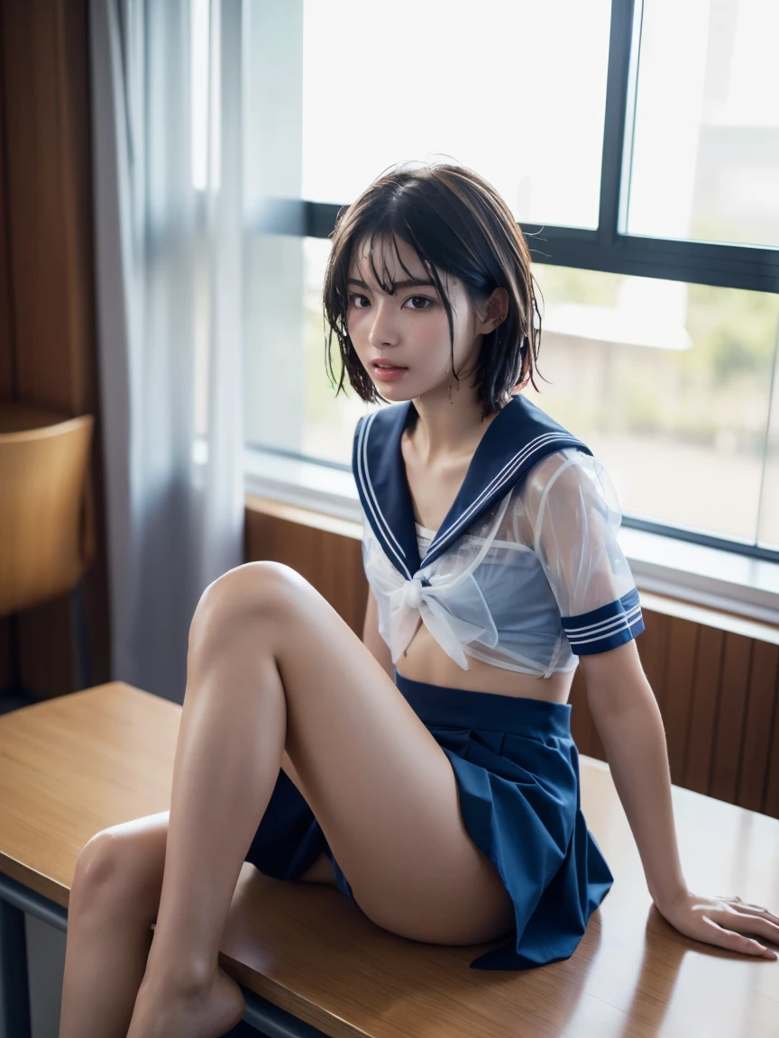 (masterpiece:1.2), Very detailed, Ultra-high resolution, (Realistic, photo Realistic:1.6), High-resolution RAW color photos, Professional photos, Sharp focus:1.2, (Very detailed顔と肌の質感, Very beautiful eyes, Glossのある肌, Glowing Skin, Glowing Skin, Shining Face, Gloss, Oily skin, greasy face, Oily skin, greasy face,),, (real Glossのある肌 texture), Perfect Anatomy, Very detailed背景,(High school classroom at night),1 female,short hair, Straight hair, bangs, Brown Hair,((Flat Chest:1.6)),Slender legs, ((((White short-sleeved sailor suit、Navy blue pleated skirt:1.5、Sexy string T-panty inside the skirt))),(sit at a desk with your knees up:1.6)、((A translucent sailor uniform, wet and see-through:1.6)),((Sexy bra covered by sailor suit:1.4)),Invite to sex