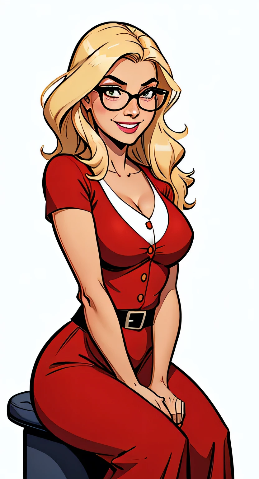 Thin woman, 4K (High definition), beautiful smiling, teacher in a red dress (of buttons) with a V-neck and short sleeves, black belt, pele caucasiana, round glasses, shoulder length blonde hair, sitting, eyes browns, busty with freckles, confrontation. comic style, white background.
