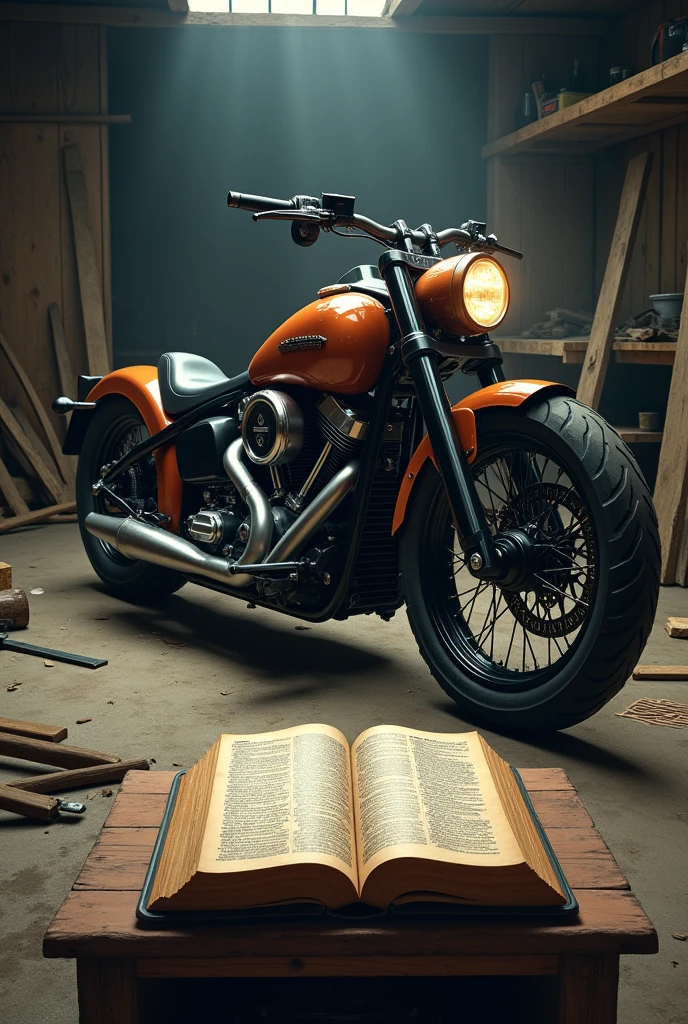 You are my professional image generator. Por favor, create an image of a custom motorcycle in a shed. In front of the motorcycle, a small table. On top of the small table, an open holy bible.