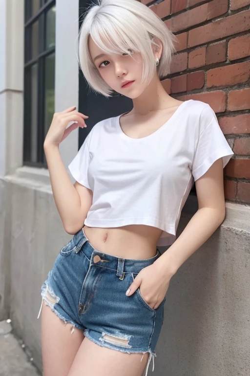 18-year-old female。Height: 160cm。Style Ordinary。White Hair Short Hair。A cup and small breasts。On the upper body, she is wearing a white T-shirt with no bra。Shorts for the lower body。No pose specified。