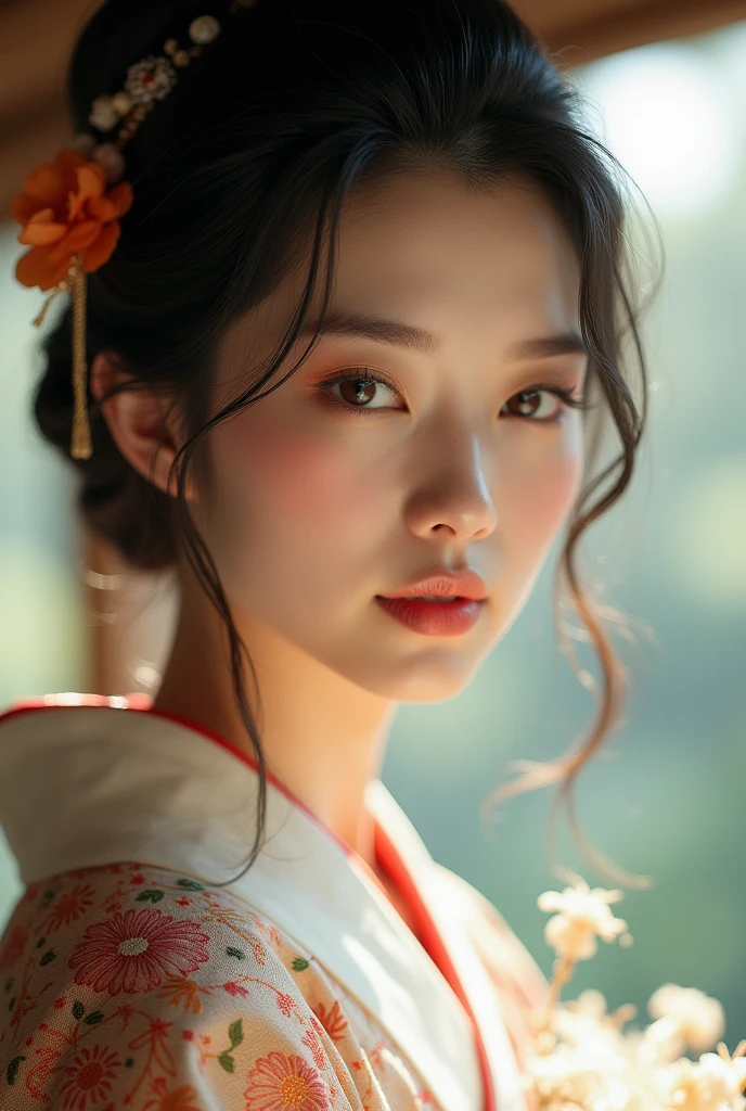 An elegantly dressed Japanese woman in natural light、A close-up of her chest and calm expression.、It shows her inner peace and outer charm.。
