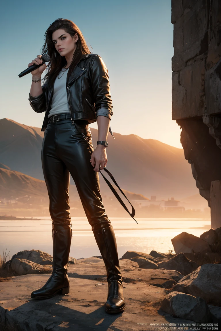 (Concept Art), ((Full body view))、masterpiece, Highest quality, Realistic, 8K RAW Photos, Tarot Card Style, Absurd iris texture, Accurate anatomy, To the audience, Cowboy Shot, (Realistic:1.5) , Perfect body, Attractive face、,Perfect Face,, 19 years old、美juvenile、Mature Face、Michael Jackson Style、Sharp Eye、very wide eyes、White skin and dark hair、((neutral))、Long Hair、Center parted hair、Disheveled Hair、The bangs cover the right eye、Long legs、black eye, Long legs, Long black hair, Edge lighting,、Slender body、juvenile、Tight waist、Rock Stage、(His name is the Great Horned Hawk.・Kadoma Daioh),grabbing a microphone、Bow legs、leather jacket、Leather pan、Leather Jumpsuit、Knee-high boots、Dark fantasy,Rock band backing band、