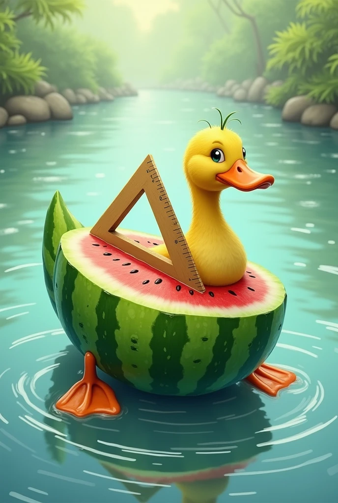 diagrammatic combination between a duck, a watermelon and a protractor