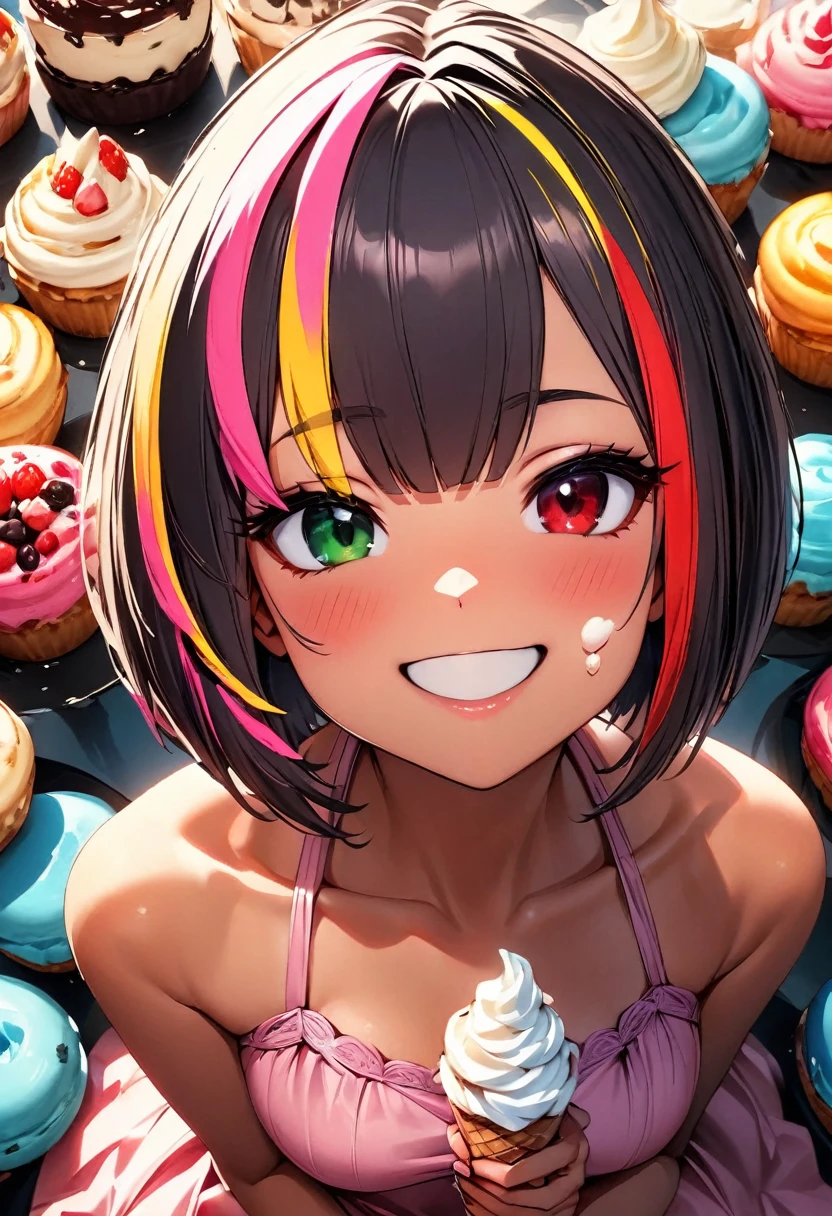(highest quality:1.2, Very detailed, up to date, Vibrant, Ultra-high resolution, High Contrast, masterpiece:1.2, highest quality, Best aesthetics), Portraiture、girl、solo, (25-years-old:1), slim, heterrochromia, green eye, red eye, extra short hair, ((bob cut:1.5))、pink and purple, ((streaked hair:1.9)), (highlights hair: 1.6), Pink Princess dress, (medium breast:0.7), (tan skin:0.5), (happy:1.8), sit surrounded by sweets, land of sweets, Eating soft serve ice cream, cream on your cheeks, Bright colors、Beautiful fine details、Beautiful lip detail、from above, POV