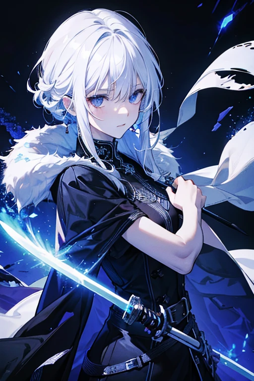 white hair, male, The strongest sword in history, Lightning around the body, Black light in the left eye, Different world, Shadow of a black dragon behind, Dark aura in the left eye