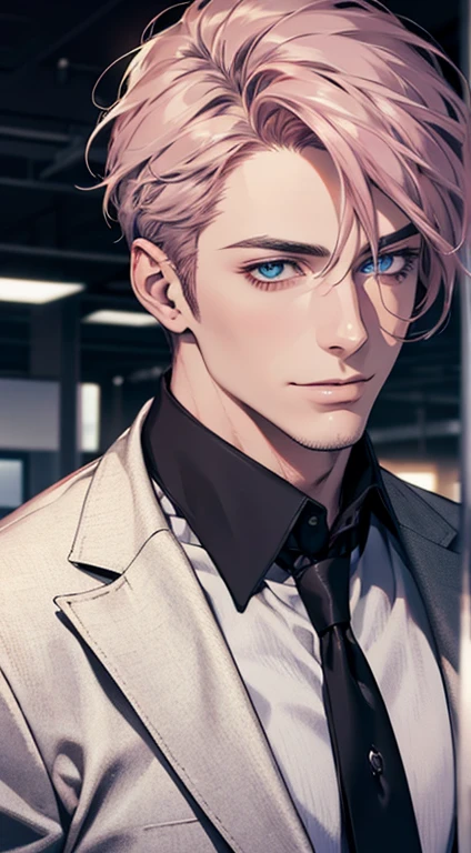 (best quality,4k,8k,highres,masterpiece:1.2),ultra-detailed,(realistic,photorealistic,photo-realistic:1.37),1 man,31 years old,mature man,very handsome,without expression,smile,short grey pink hair,blue eyes,penetrating gaze,perfect face without errors,imposing posture,businessman,office background,cinematic lighting,hdr image
