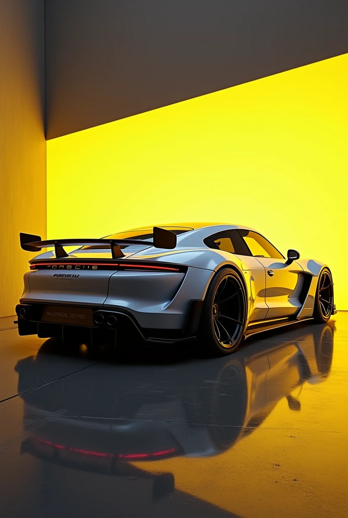 The image depicts a Porsche Taycan Turbo S sports car with a black and white color combination, suggesting a fitness sports theme. The vehicle is designed with aerodynamic features, such as a large rear wing and side air intakes, indicating its performance-oriented nature. The car's sleek body and low-profile tires contribute to its sporty aesthetic. The background has a digital effect, illuminated by yellow lights, that complements the car's stylized appearance and reinforces the image's minimalist theme. There are no people or indications of specific locations that would necessitate the identification of characteristics such as gender or race. , retina, precise, Masterpiece artwork, super detaill, best qualityer, awardwinning, highres, HD, 4K, 8k, 16K