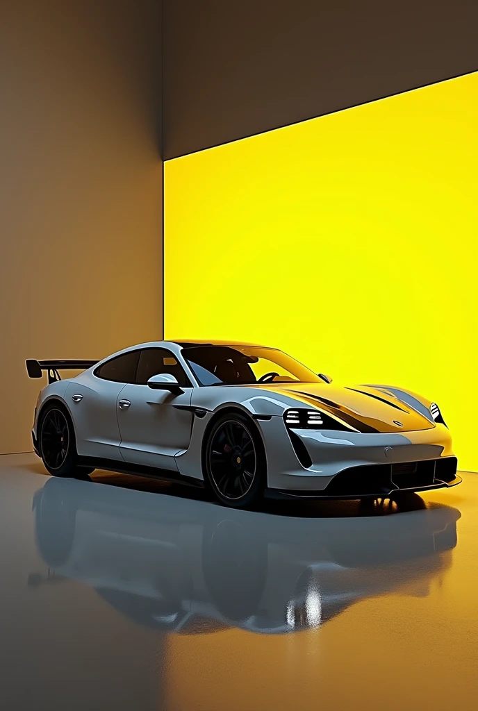 The image depicts a Porsche Taycan Turbo S sports car with a black and white color combination, suggesting a fitness sports theme. The vehicle is designed with aerodynamic features, such as a large rear wing and side air intakes, indicating its performance-oriented nature. The car's sleek body and low-profile tires contribute to its sporty aesthetic. The background has a digital effect, illuminated by yellow lights, that complements the car's stylized appearance and reinforces the image's minimalist theme. There are no people or indications of specific locations that would necessitate the identification of characteristics such as gender or race. , retina, precise, Masterpiece artwork, super detaill, best qualityer, awardwinning, highres, HD, 4K, 8k, 16K