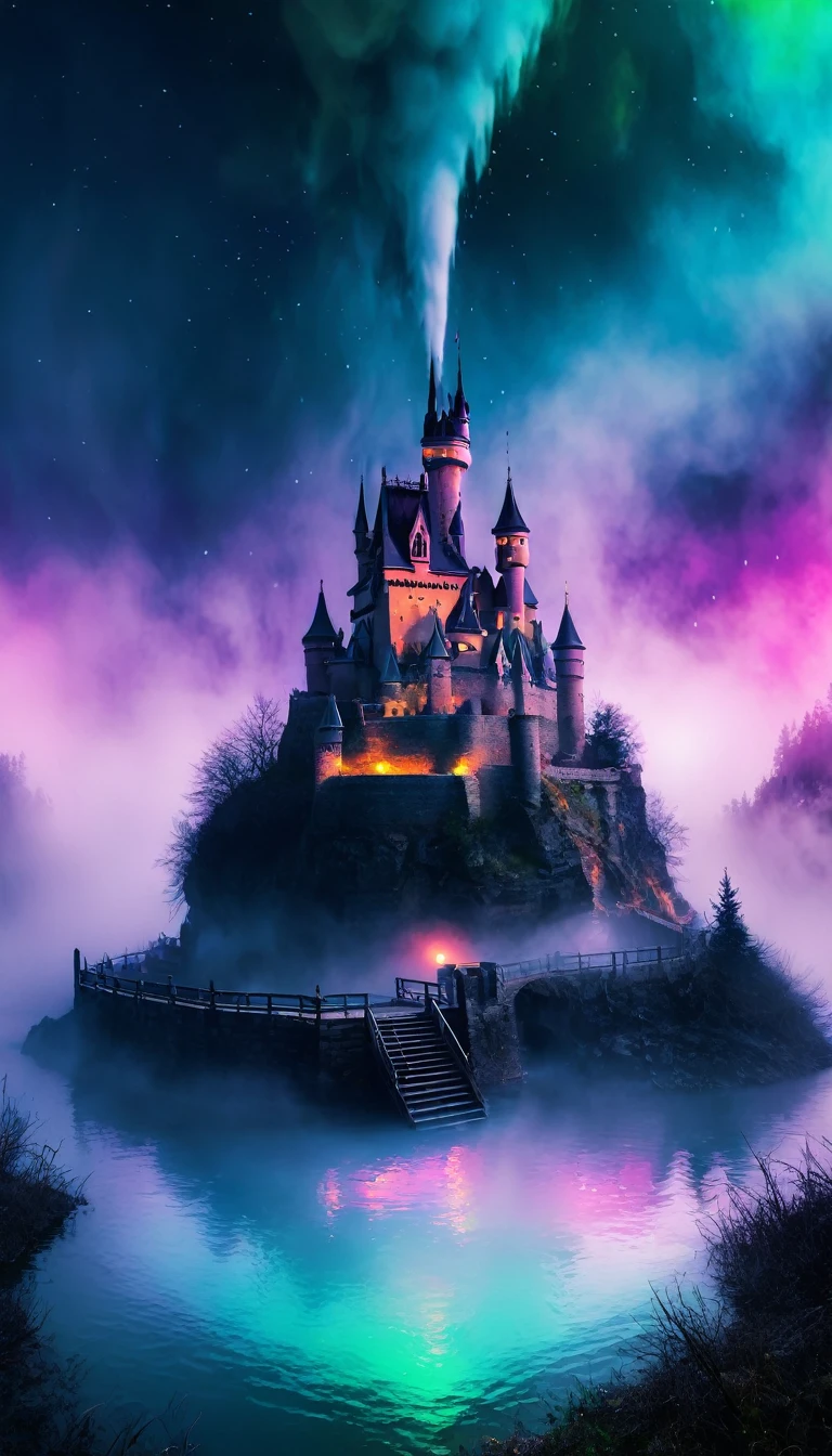 the mysterious fog of the Whirlpool Castle, the alien-like shadow in the center, the eerie colors, iridescent, neon dust, shading effects, gradation magic effects, foggy filter effects, glitter effects, graphic CG digital art