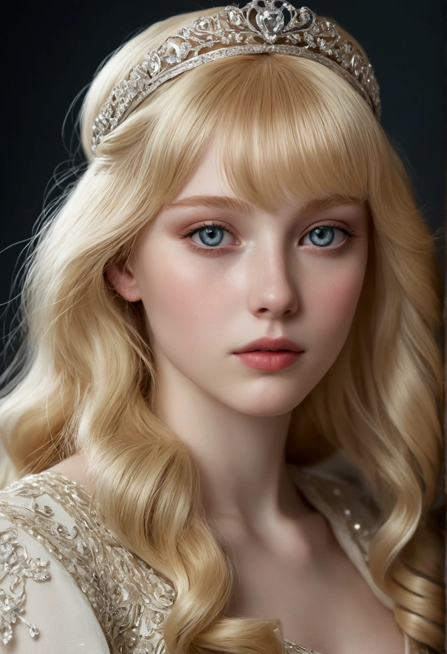 light princess, blonde hair, girl, longe hair, fringe pale skin, boue eyes felines realist style and 70 years retrate beautiful