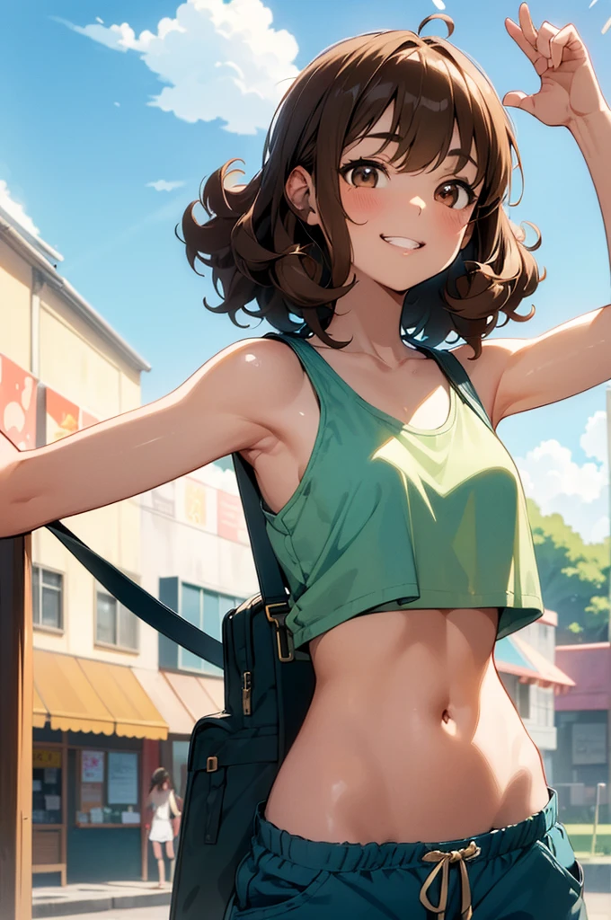 1girl, brown hair (curly, fluffy, bangs, unbound), brown eyes (round), grin, lips, teal tank top, blue shorts (baggy), navel, slim, masterpiece, ultra-detailed, illustration, absurd res, anime, perfect, 4k, 8k, highres, sunny park