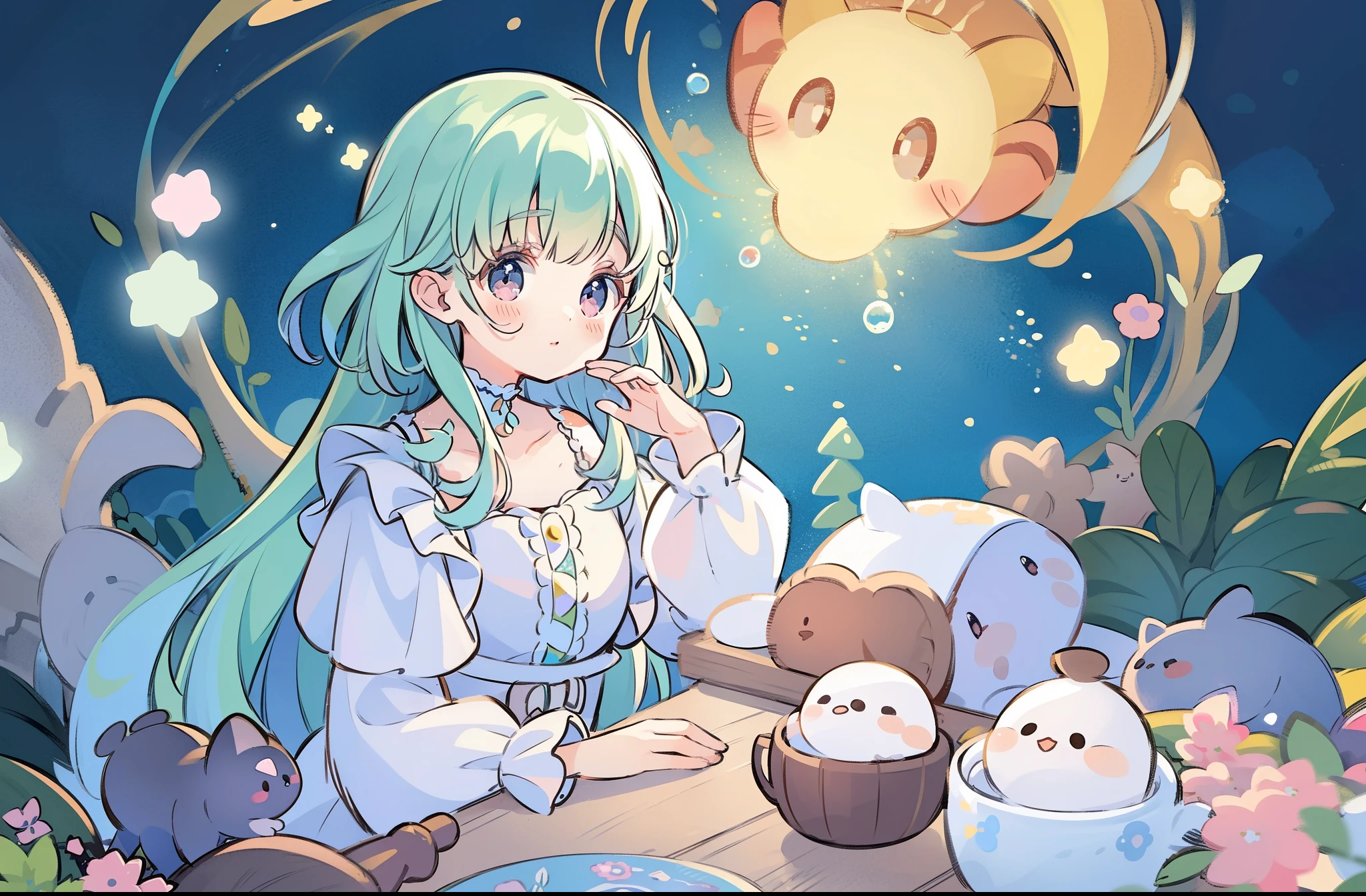 masterpiece, best quality, 8k resolution, sharp focus, intricate detail, beautiful girl, sparkling eyes, golden ratio face, otherworldly liquid, watercolor, muted colors, bright colors, whimsical, colorful, sharp focus, high resolution, fine detail, ((layered tiered puffy long sleeves ballgown)), ((round eyes)), iridescent bubbles, fantasia background