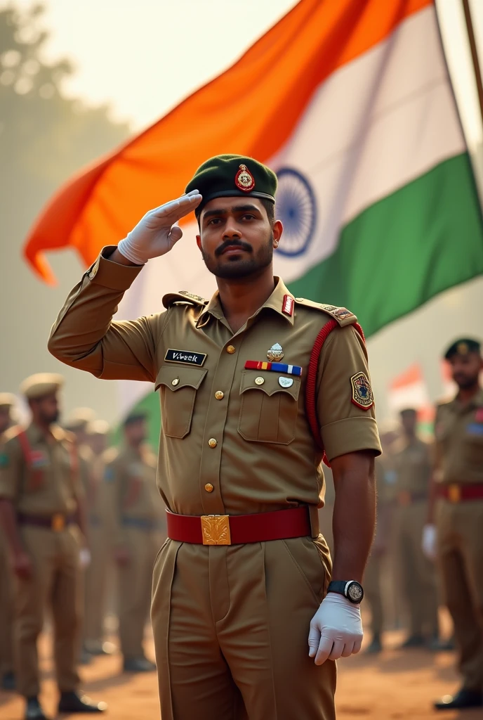 25 year old Indian boy is celebrating Independence Day on 15th August 2024. His name Vivek is written on his uniform or he is saluting the Indian flag or he is wearing the uniform of the Indian flag or he is facing the Independence Day