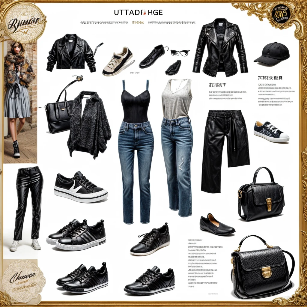 (((Create Detailed Design Sheet))), (there are no people, and no characters), (Front view, Side view, Diagonal view), (elegant style items, bundle of clothes, female handbags, hats, glasses, sunglasses), (Create detailed shoe gallery), ((multi-pair (high heels, sneaker, leather shoes etc))), description card. best quality, masterpiece, Representative work, official art, Professional, Ultra intricate detailed, 8k
