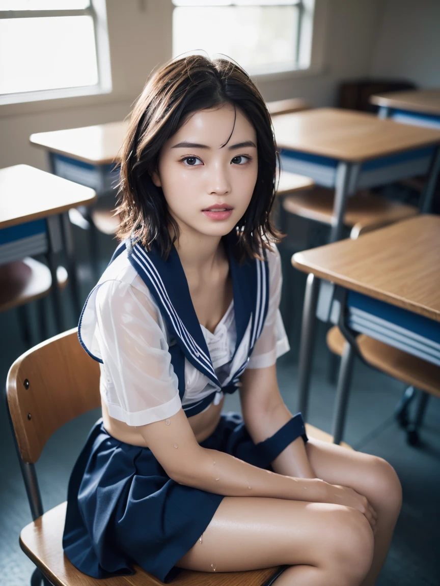(masterpiece:1.2), Very detailed, Ultra-high resolution, (Realistic, photo Realistic:1.6), High-resolution RAW color photos, Professional photos, Sharp focus:1.2, (Very detailed顔と肌の質感, Very beautiful eyes, Glossのある肌, Glowing Skin, Glowing Skin, Shining Face, Gloss, Oily skin, greasy face, Oily skin, greasy face,),, (real Glossのある肌 texture), Perfect Anatomy, Very detailed背景,(High school classroom at night),1 female,short hair, Straight hair, bangs, Brown Hair,((Flat Chest:1.6)),Slender legs:1.4, ((((White short-sleeved sailor suit、Navy blue pleated skirt:1.5、Sexy string T-panty inside the skirt))),(sit at a desk with your knees up:1.6)、((A translucent sailor uniform, wet and see-through:1.6)),((Sexy bra covered by sailor suit:1.4)),Invite to sex
