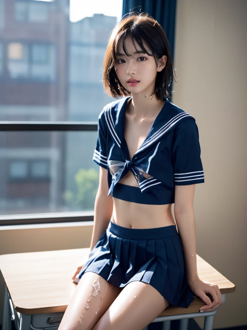 (masterpiece:1.2), Very detailed, Ultra-high resolution, (Realistic, photo Realistic:1.6), High-resolution RAW color photos, Professional photos, Sharp focus:1.2, (Very detailed顔と肌の質感, Very beautiful eyes, Glossのある肌, Glowing Skin, Glowing Skin, Shining Face, Gloss, Oily skin, greasy face, Oily skin, greasy face,),, (real Glossのある肌 texture), Perfect Anatomy, Very detailed背景,(High school classroom at night),1 female,short hair, Straight hair, bangs, Brown Hair,((Flat Chest:1.6)),Slender legs:1.4, ((((White short-sleeved sailor suit、Navy blue pleated skirt:1.5、Sexy string T-panty inside the skirt))),(sit at a desk with your knees up:1.6)、((A translucent sailor uniform, wet and see-through:1.6)),((Sexy bra covered by sailor suit:1.4)),Invite to sex