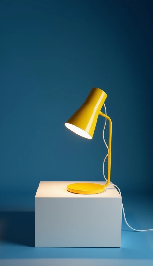 productive image, front view, photography, camera settings include a Nikon D850 with a Nikon AF-S Micro-Nikkor 60mm f/2. 8G ED lens, set to an aperture of f/8, ISO 100, Louis Poulsen Panthella 250 table lamp, yellow sleek and reflective, lamp on the 45 degree white square box with photo studio setting, deep blue solid color background, studio lighting and highlights the contrast, with a square soft box lighting providing illuminations, casting realism sunlight, optimal shape, photorealistic, highly detail, 8K UHD 