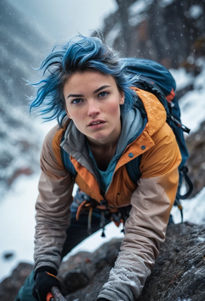 photo of TWbabeXL01, (5mm, closeup with afterglow, backlit, cute 20 year old woman in a snow storm mountain climbing on a rock cliff climbing vertical, snowing:1.2, torn clothes:1.2, eye contact, slight smile, dangling arm hold a pickaxe:1.1), (brilliant pastel colors, dark natural hues:1.4), (pretty bird on a rock, ing it's head and looking:1.1), (dramatic pose or action pose:1.2), (Artist design by (Guy Aroch:1.3) and (Alessio Albi:1.6)), (disaster scene from a movie), (slightly windy), (blue hair:1.3), (short hair:1.3), looking at the camera